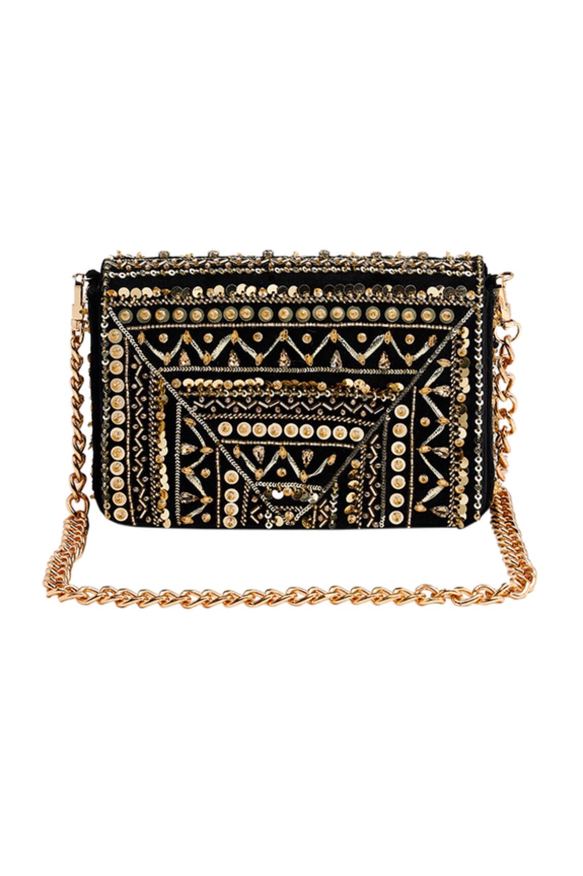 House Of Vian Ruhaaniyat Embellished Suede Flap Clutch with Sling 