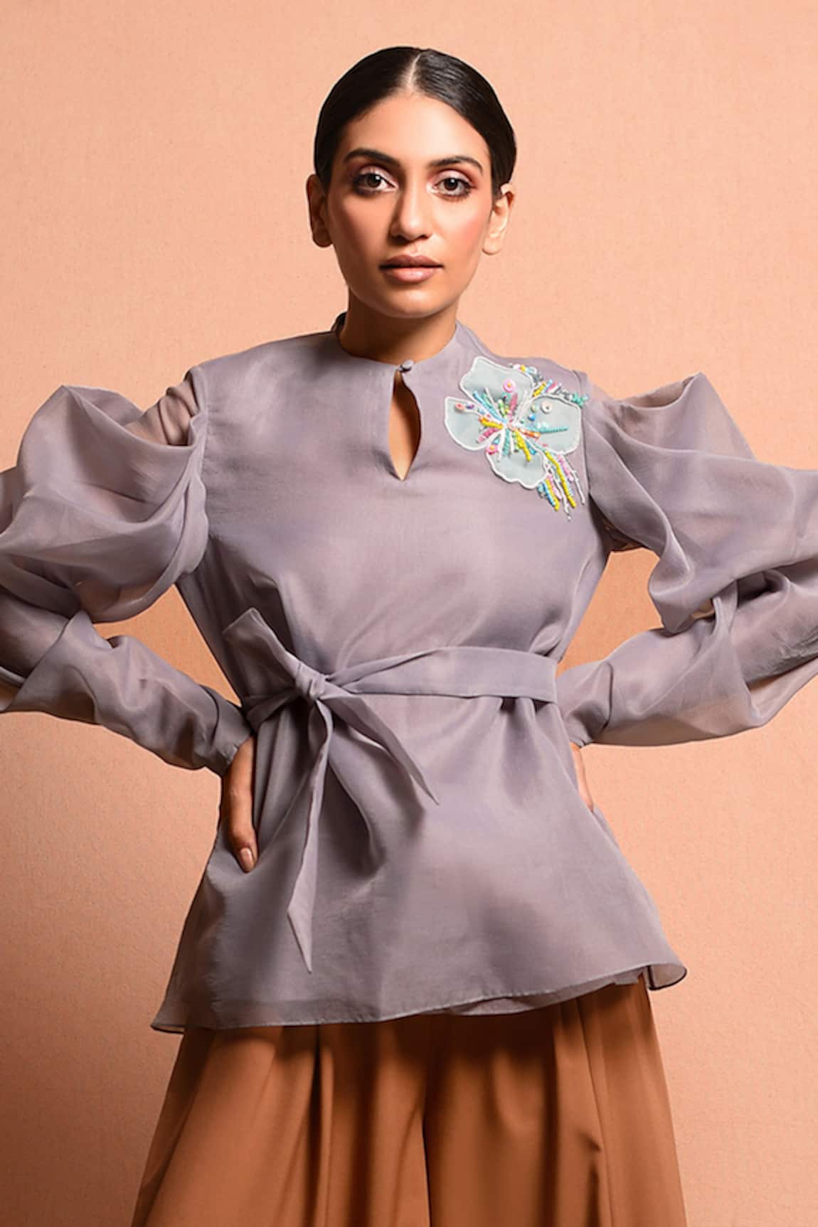 Vivek Patel Pleated Sleeve Organza Top