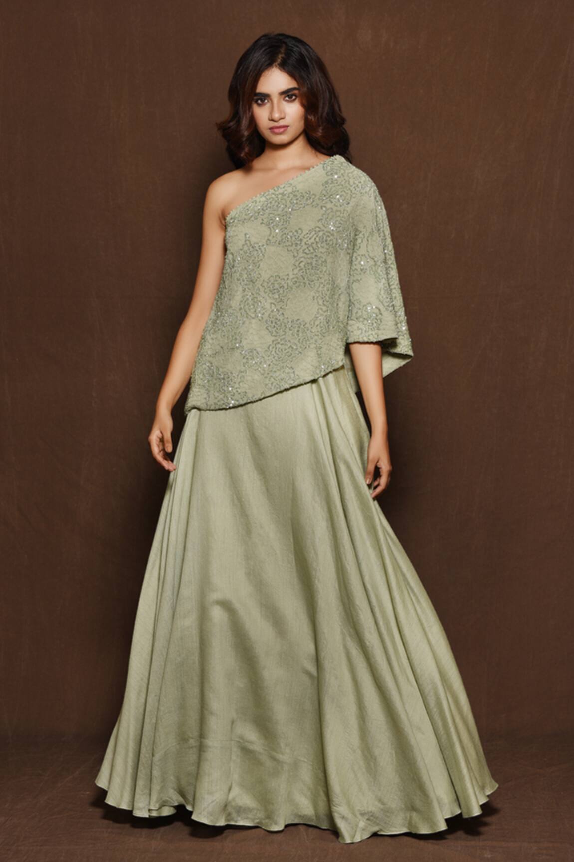 Vara By Vibha N Priti One Shoulder Top & Lehenga 