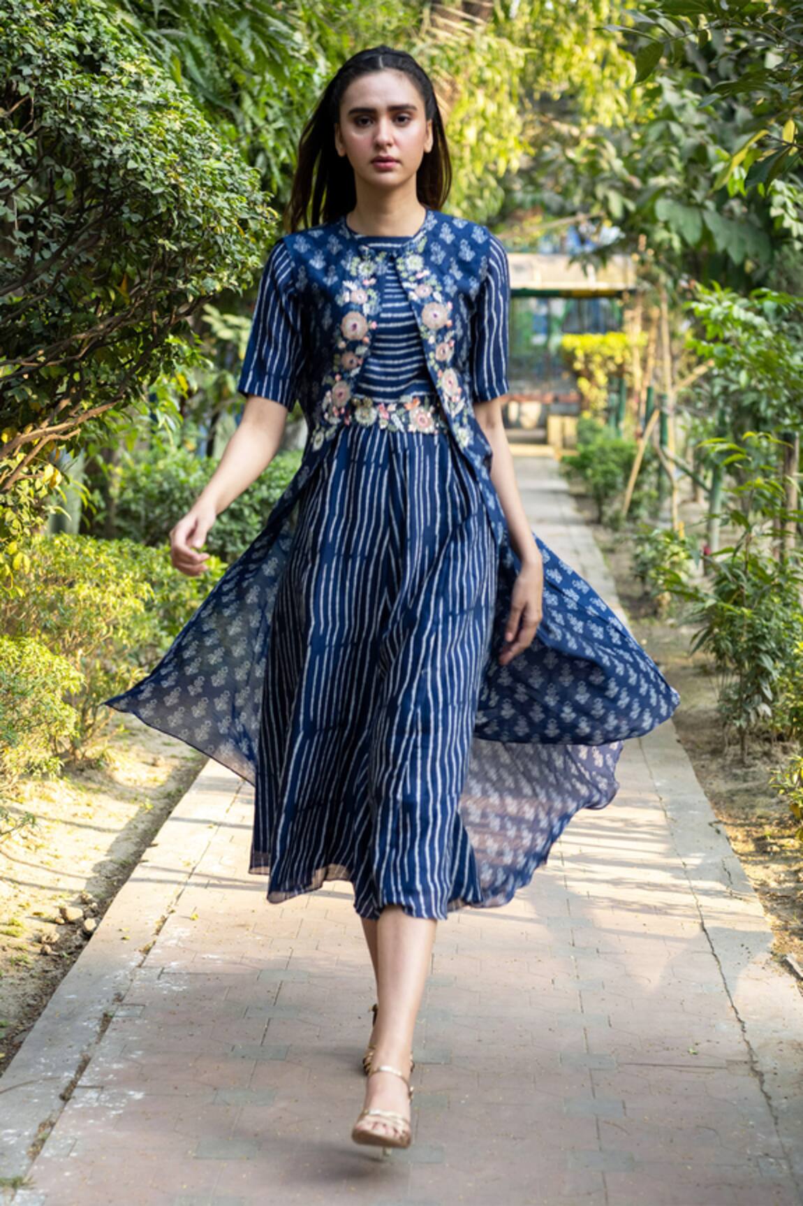 Vara By Vibha N Priti Striped Jumpsuit & Printed Jacket Set 