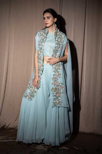 Vara By Vibha N Priti Organza Embroidered Cape & Palazzo Set 