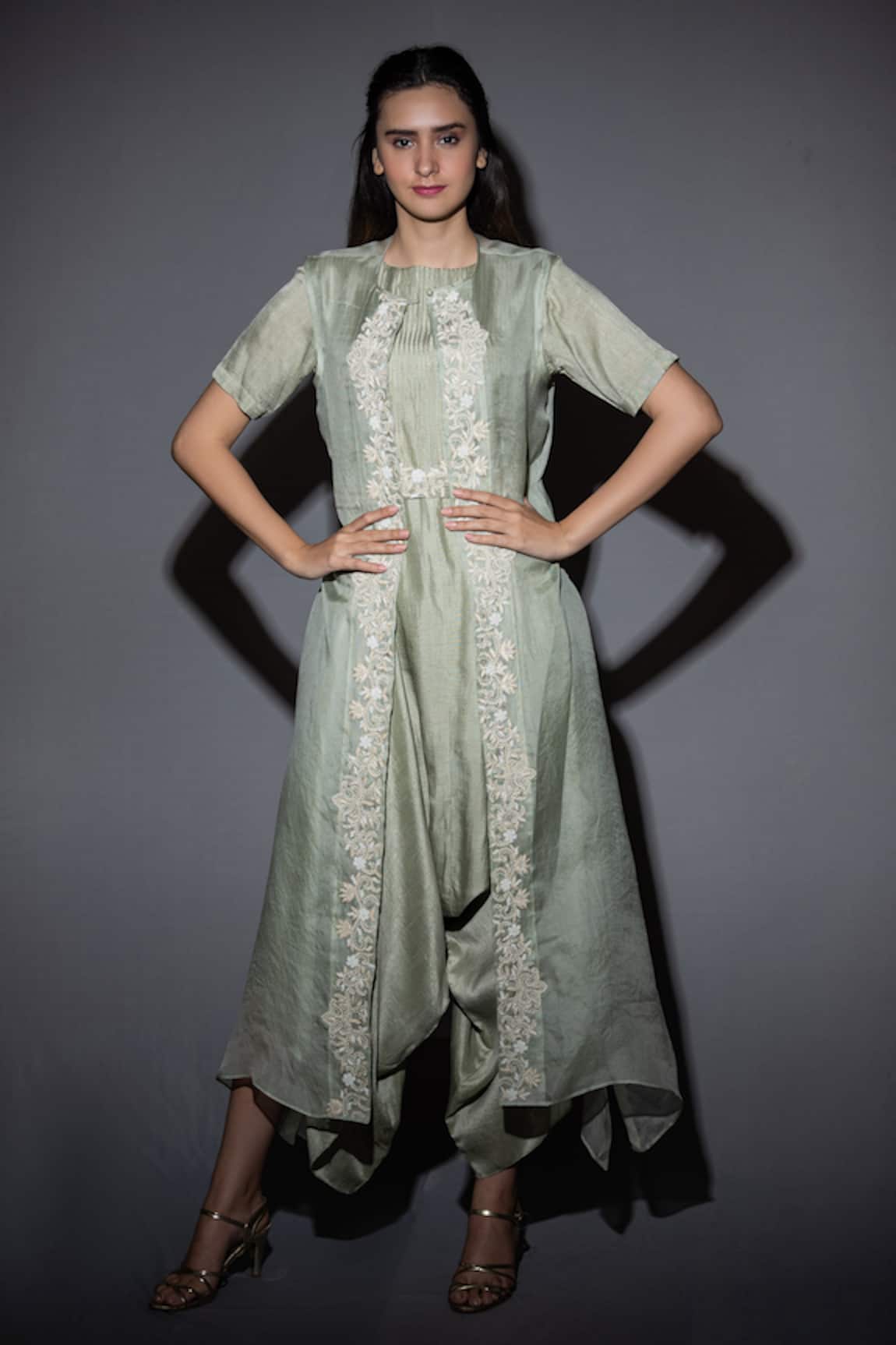 Vara By Vibha N Priti Silk Jumpsuit & Organza Jacket Set 
