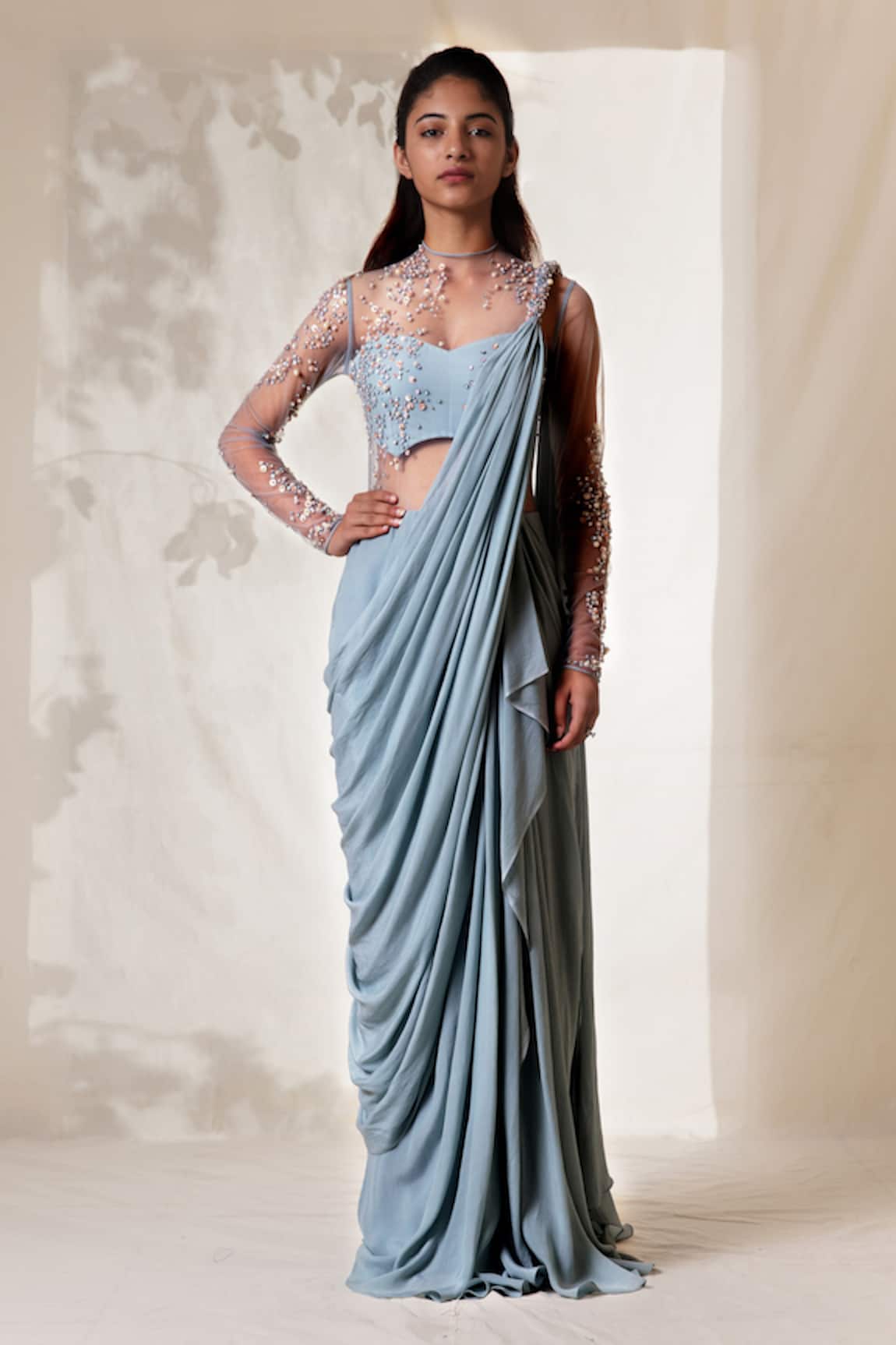 Partywear saree with shrug  Stylish sarees Saree trends Indian fashion