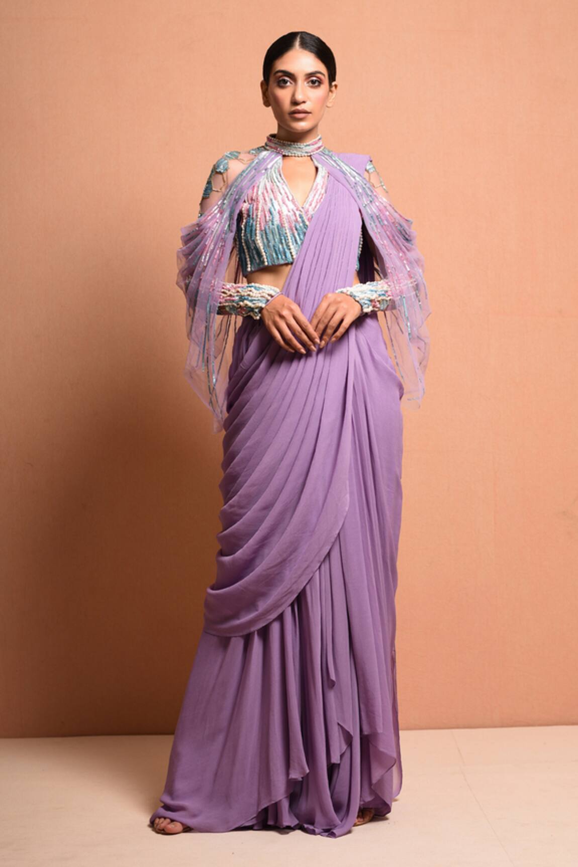 Vivek Patel Pre-Draped Saree with Embellished Blouse