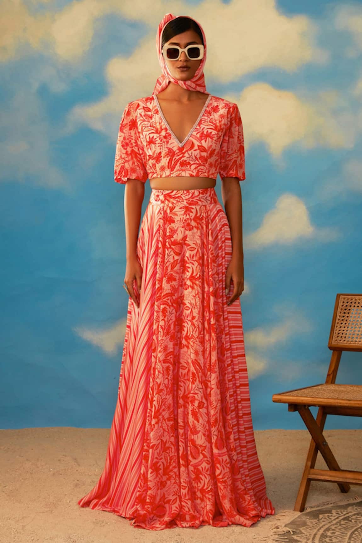 Rishi & Vibhuti Tropical Print Crop Top & Skirt Set