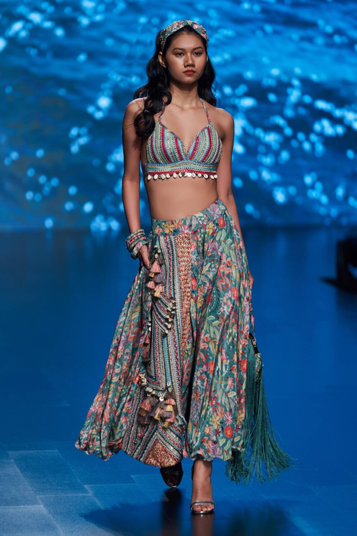 Rishi and Vibhuti Halter Neck Crop Top & Floral Print Skirt 