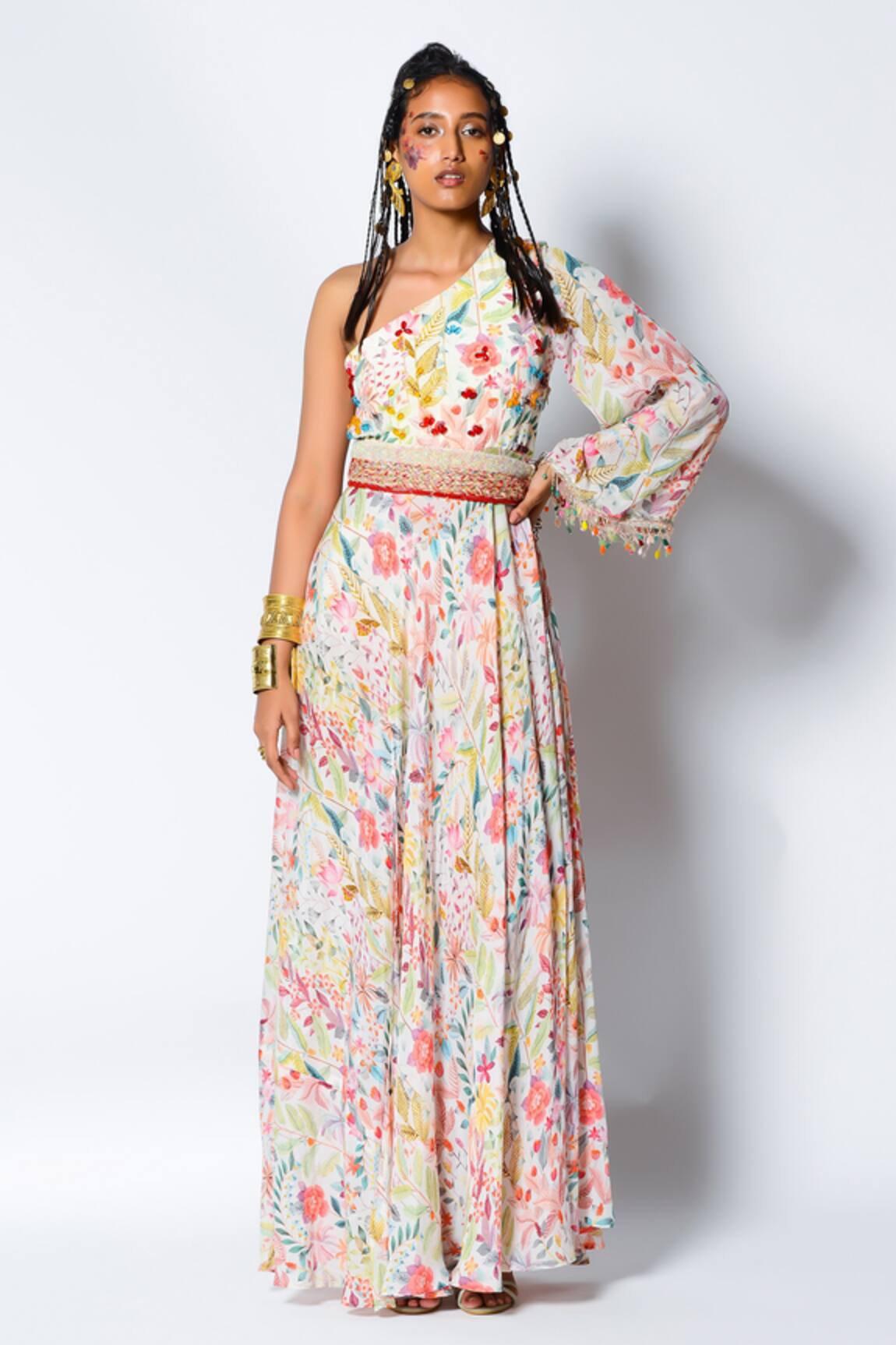 Rishi and Vibhuti Floral Print Gown With Belt