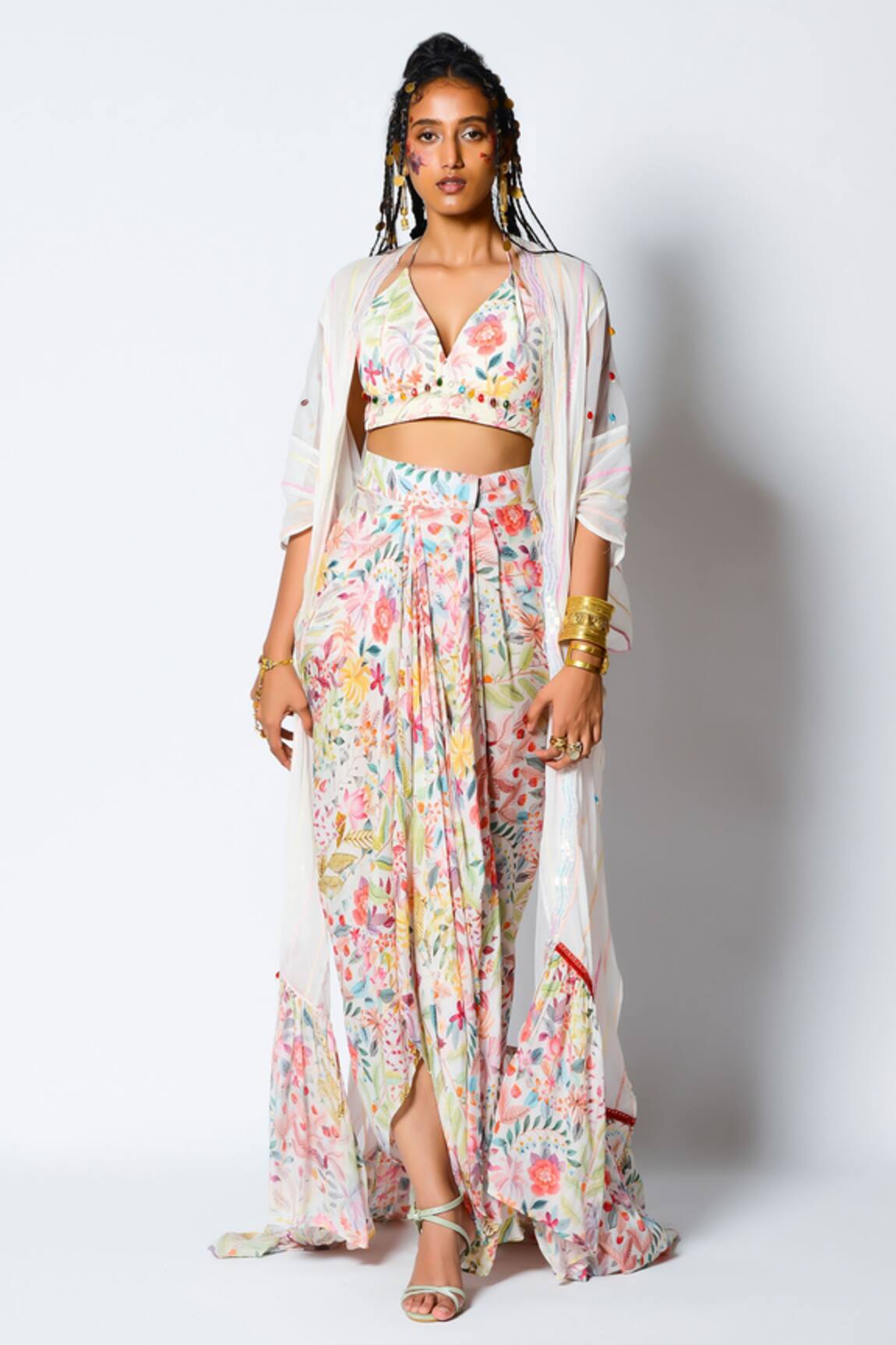 Rishi and Vibhuti Frost Embellished Cape & Drape Skirt Set