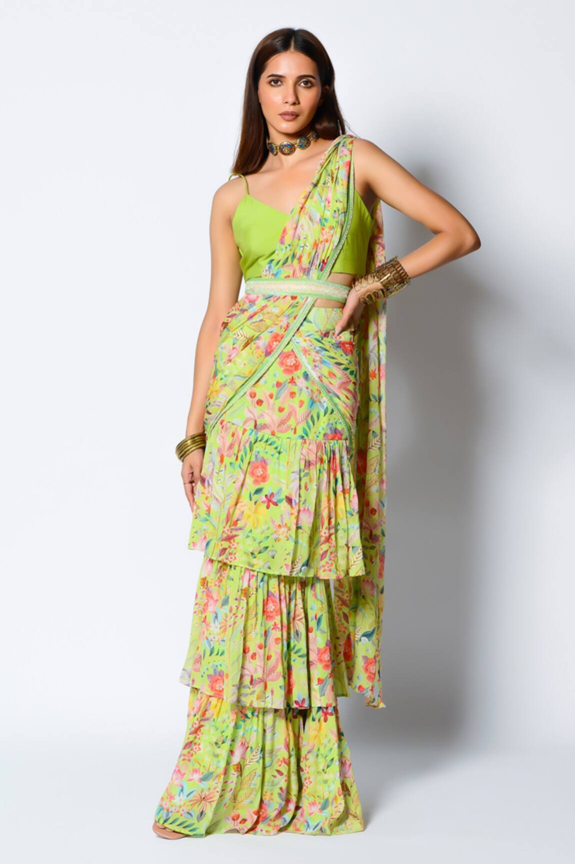 Rishi and Vibhuti Floral Print Pre-Draped Saree With Blouse