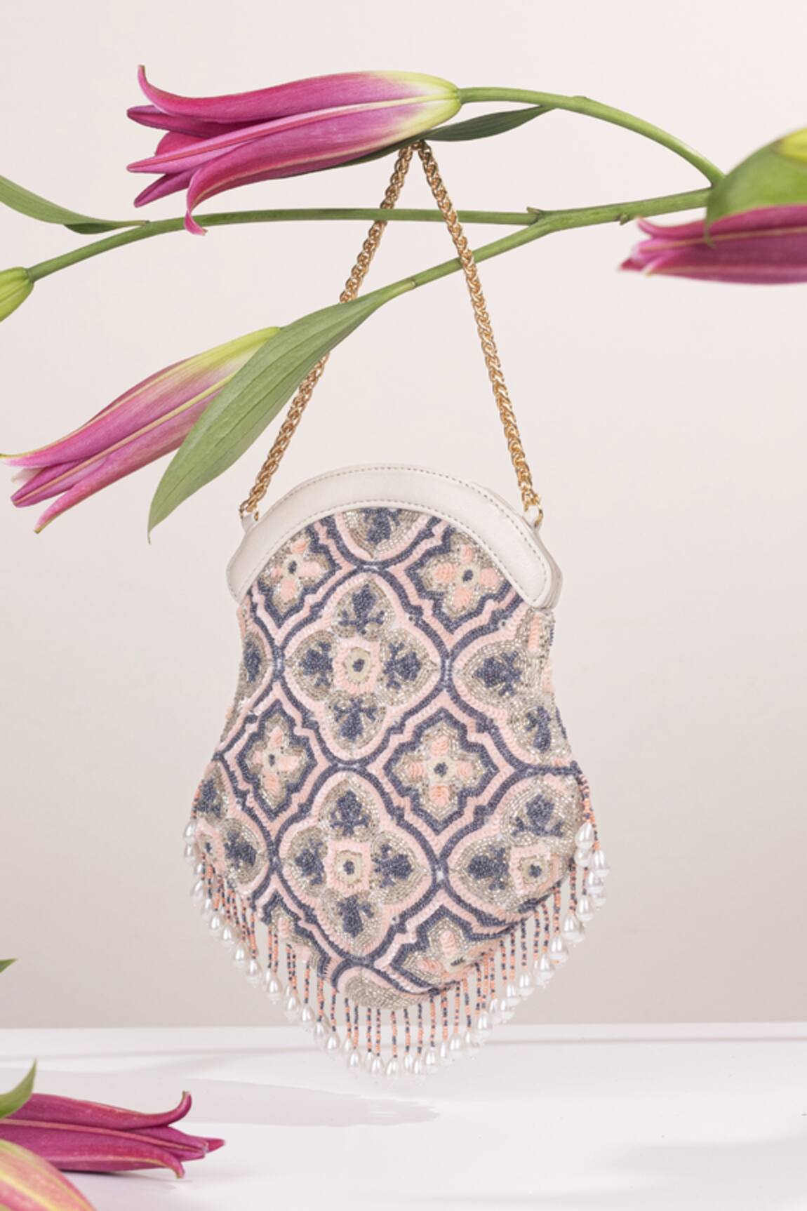 The Leather Garden Water Lily Embellished Potli Bag With Sling 