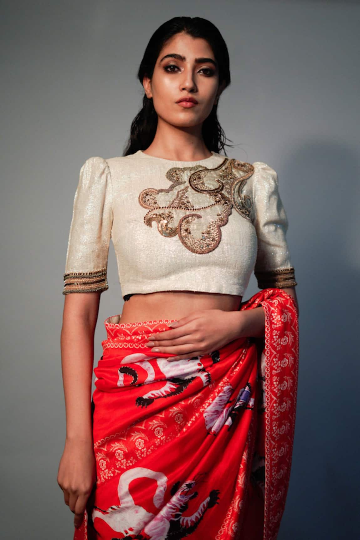 Saksham Neharicka Linen Silk Embroidered Saree Blouse