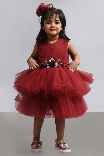 Lil Angels Floral Embellished Maroon Dress with Head Accessory 