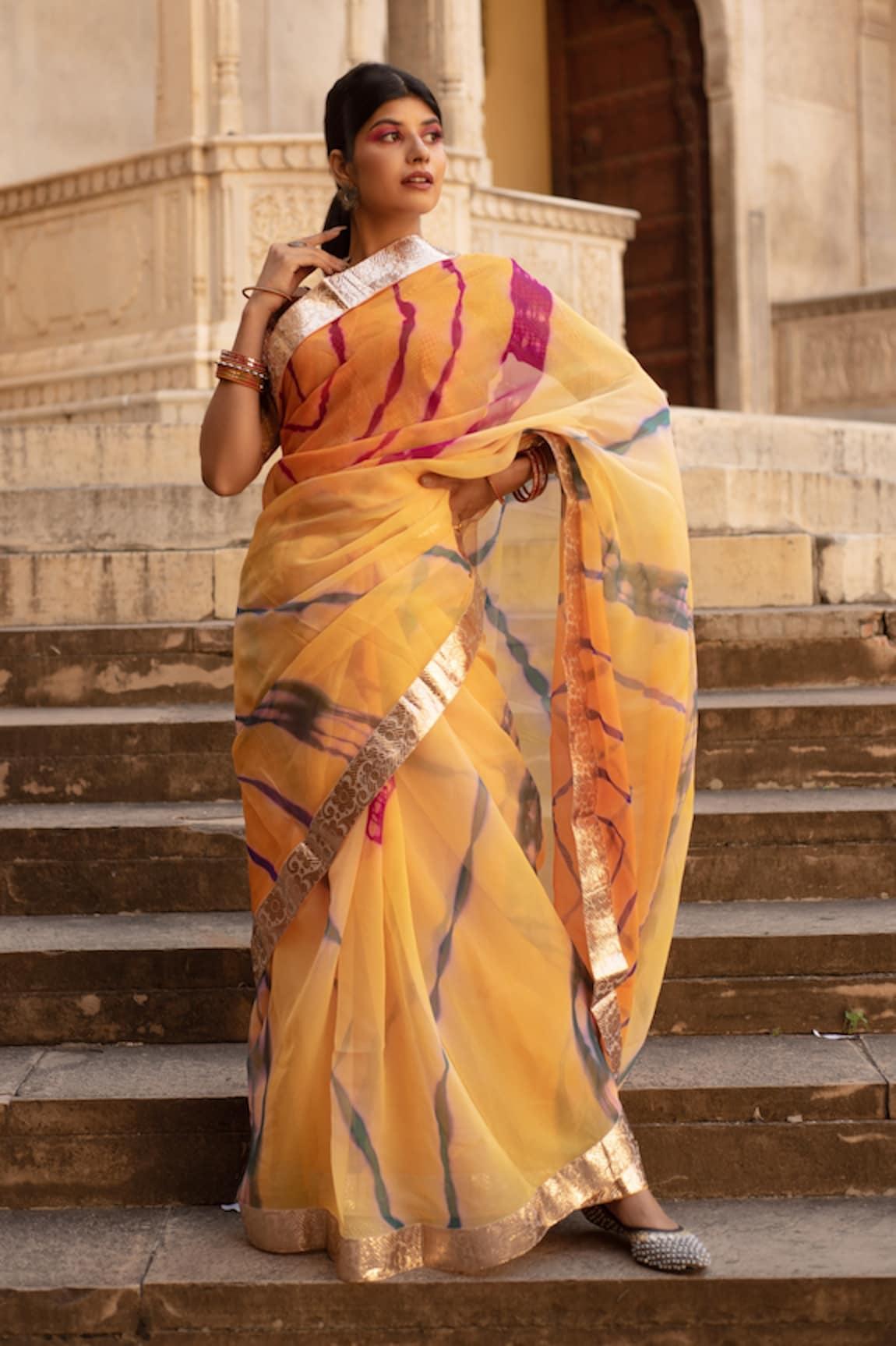 Ruar India Leheriya Gota Border Saree With Blouse