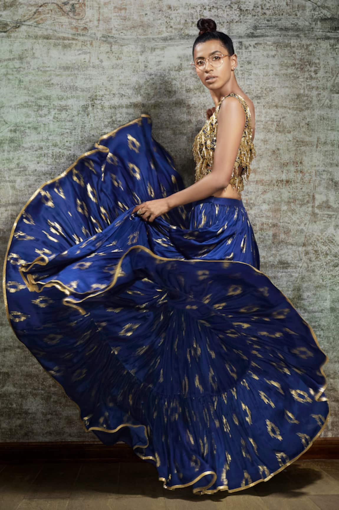 Salian By Anushree - Blue Cotton Voile Silk Embroidery Stand Peplum Top And  Lehenga Set For Women