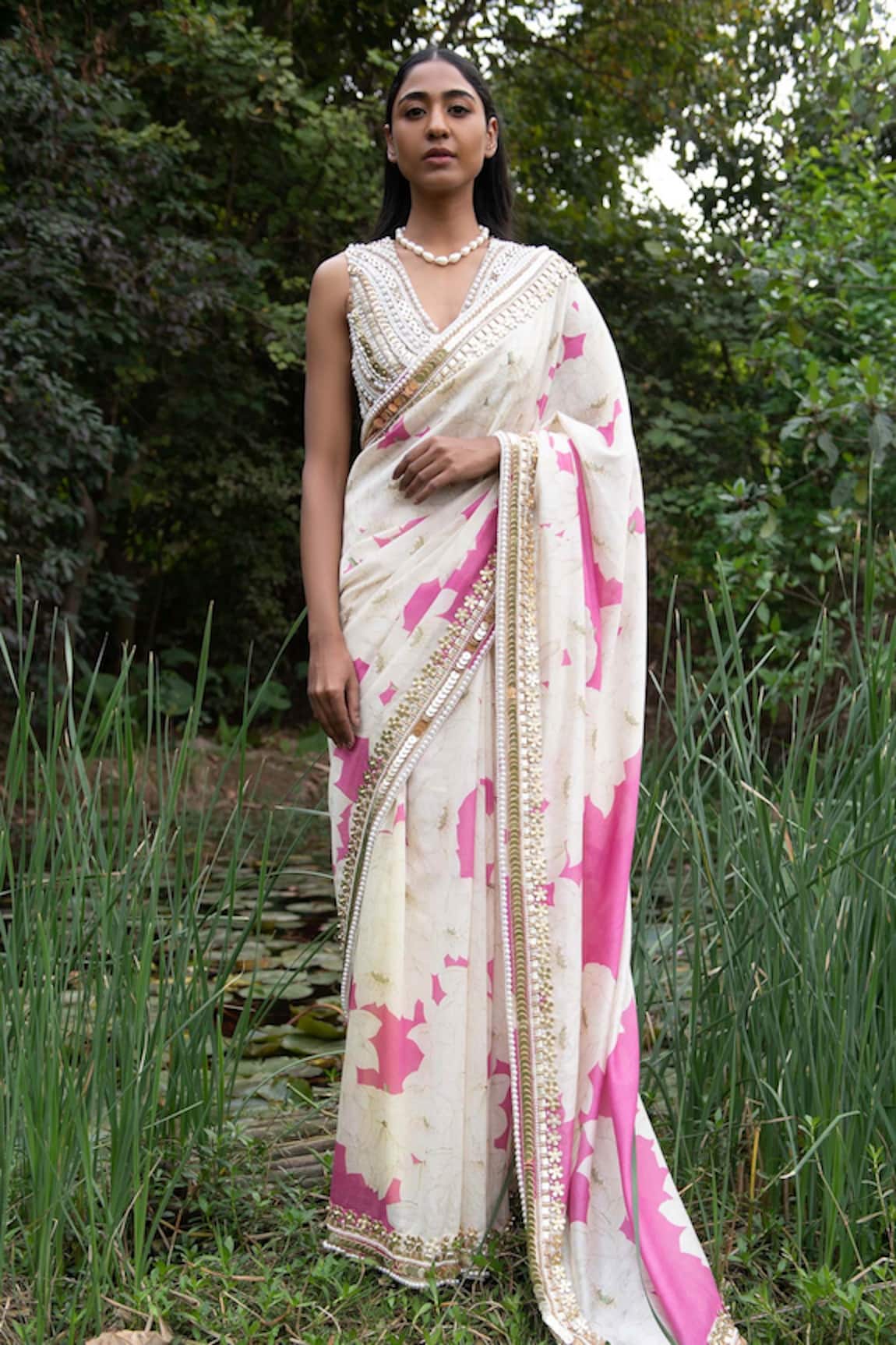 Saksham Neharicka Chanderi Blossom Print Saree With Unstitched Blouse Piece