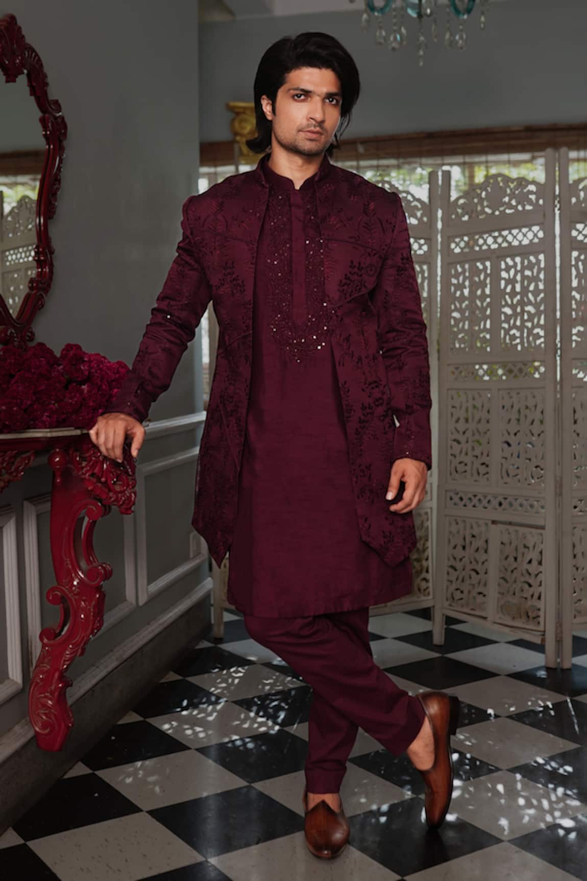 Yajy By Aditya Jain Kris Botanical Jacket Kurta Set 