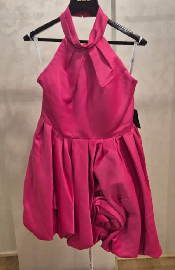 Buy Pink Satin Halter Neck Bubble Hem Short Dress For Women by Mac