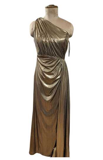 Buy Gold Polyester Asymmetric Grecian Metallic Draped Dress For Women by  Mac Duggal Online at Aza Fashions.