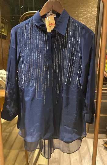 Buy Navy Organza, Crepe Beads Collared Embellished High-low Shirt 