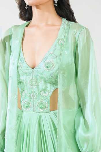 Buy Green Viscose, Silk Organza Sequins, Beads, Hand Side Cut-out Dress  With Jacket For Women by Aariyana Couture Online at Aza Fashions in US