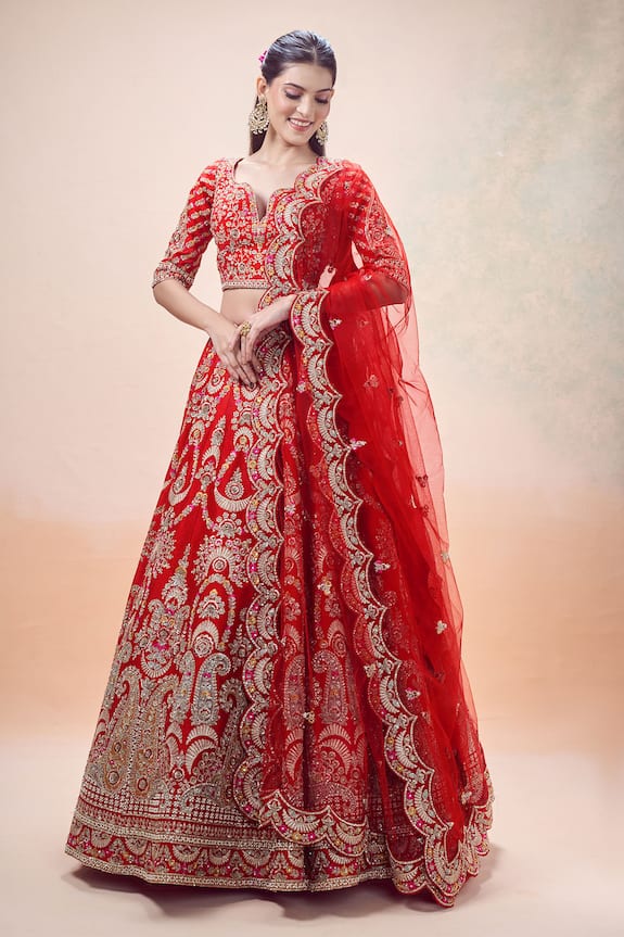 Buy Red Silk, Cotton, Chiffon Sequins, Ananya Floral Embroidered