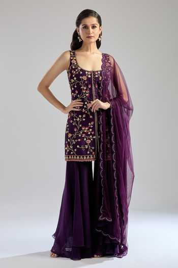 Abito Da Festa Indiano Sharara Kurta &ndash; Set Viola In Rayon &ndash; Nuovo Con Etichette