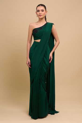 Buy Green Viscose, Crepe Embroidery One Shoulder Pre-draped Saree With Bustier For Women by Aariyana Couture Online at Aza Fashions in US Buy Green Viscose, Crepe Embroidery One Shoulder Pre-draped Saree With Bustier For Women by Aariyana Couture Online at Aza Fashions in US