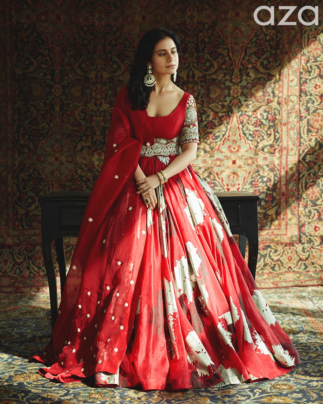 Rasika_Dugal_in_Red_and_silver_gold_dahlia_printed_organza_lehenga_with_hand_embroidered_waistline_Comes_with_raw_silk_blouse_and_organza_dupatta