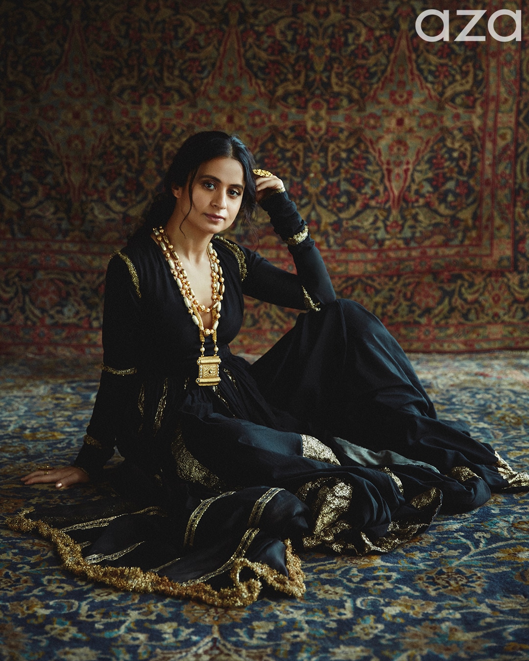 Rasika_Dugal_in_Itrh_Black_Embroidered_Angarkha_With_Dupatta_and_long_necklace