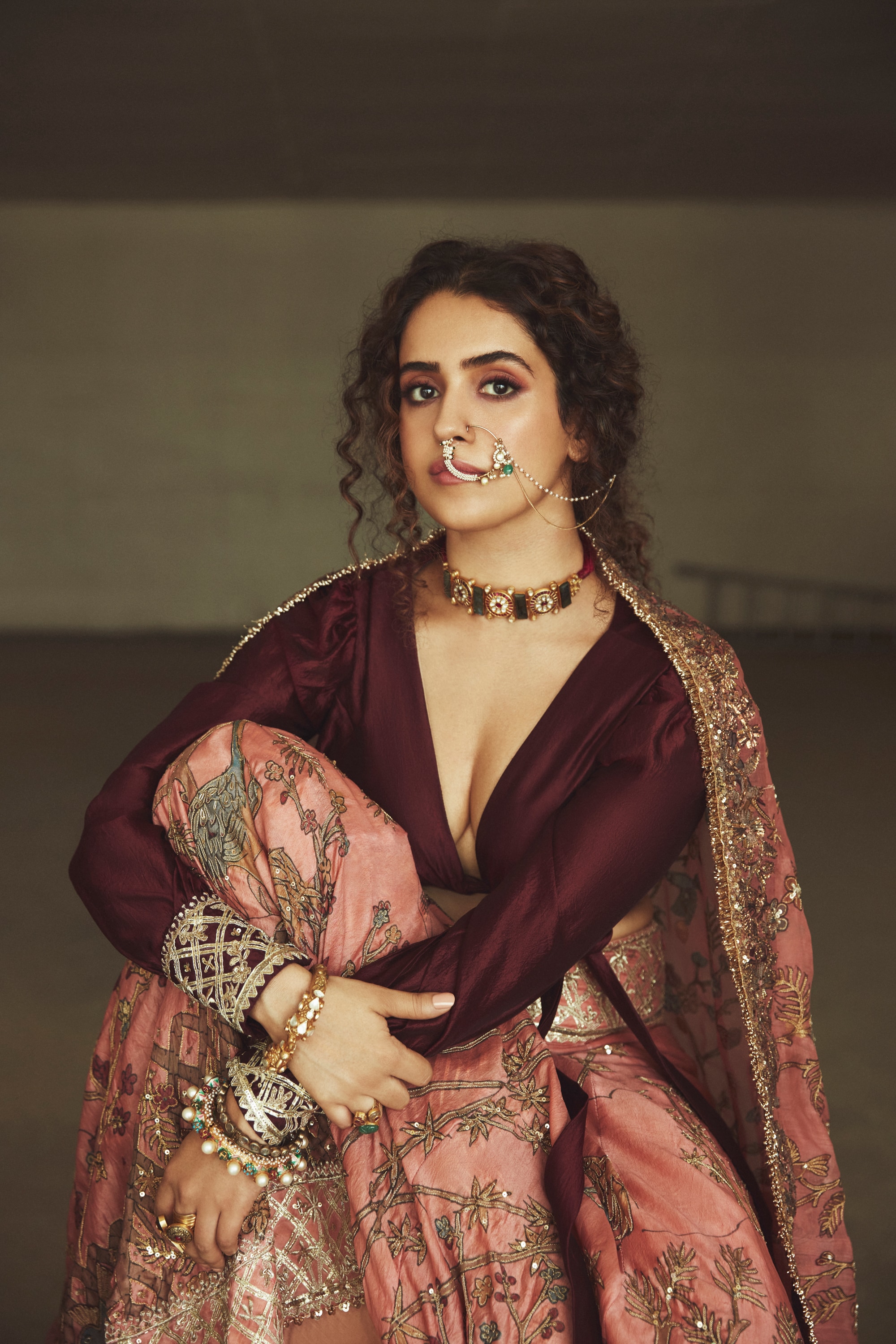 Sanya_Malhotra_in_Archana_Jaju_Pink_and_Maroon_Silk_Lehenga_Set