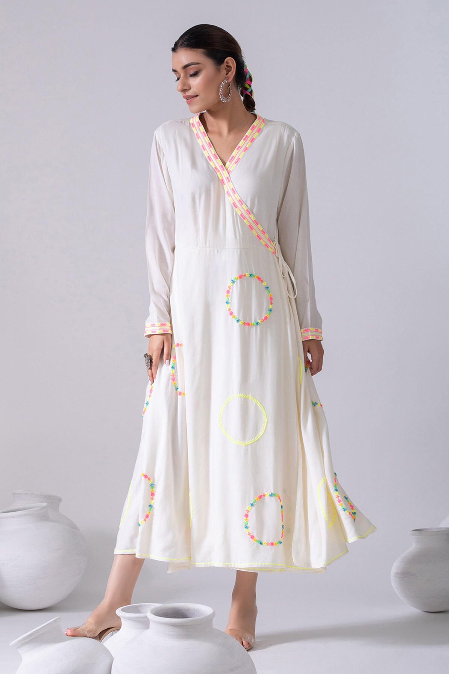 Kacha Tanka Ivory Cotton Voile Thread Embroidered Overlap Dress