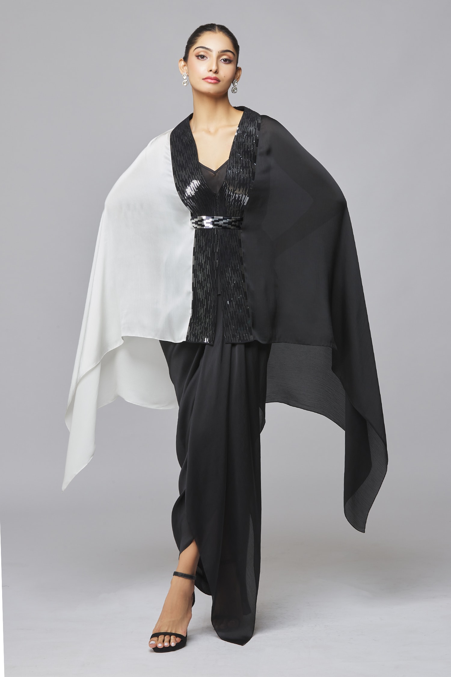 Amit Aggarwal Black Chiffon Colorblock Cape With Inner