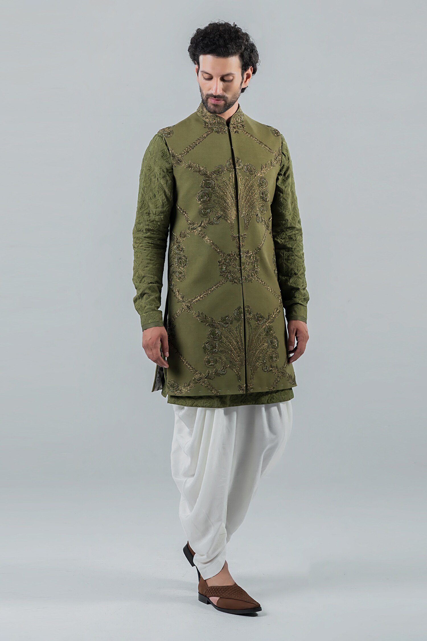 Punit Arora Green Matka Silk Sleeveless Long Bundi And Kurta Set