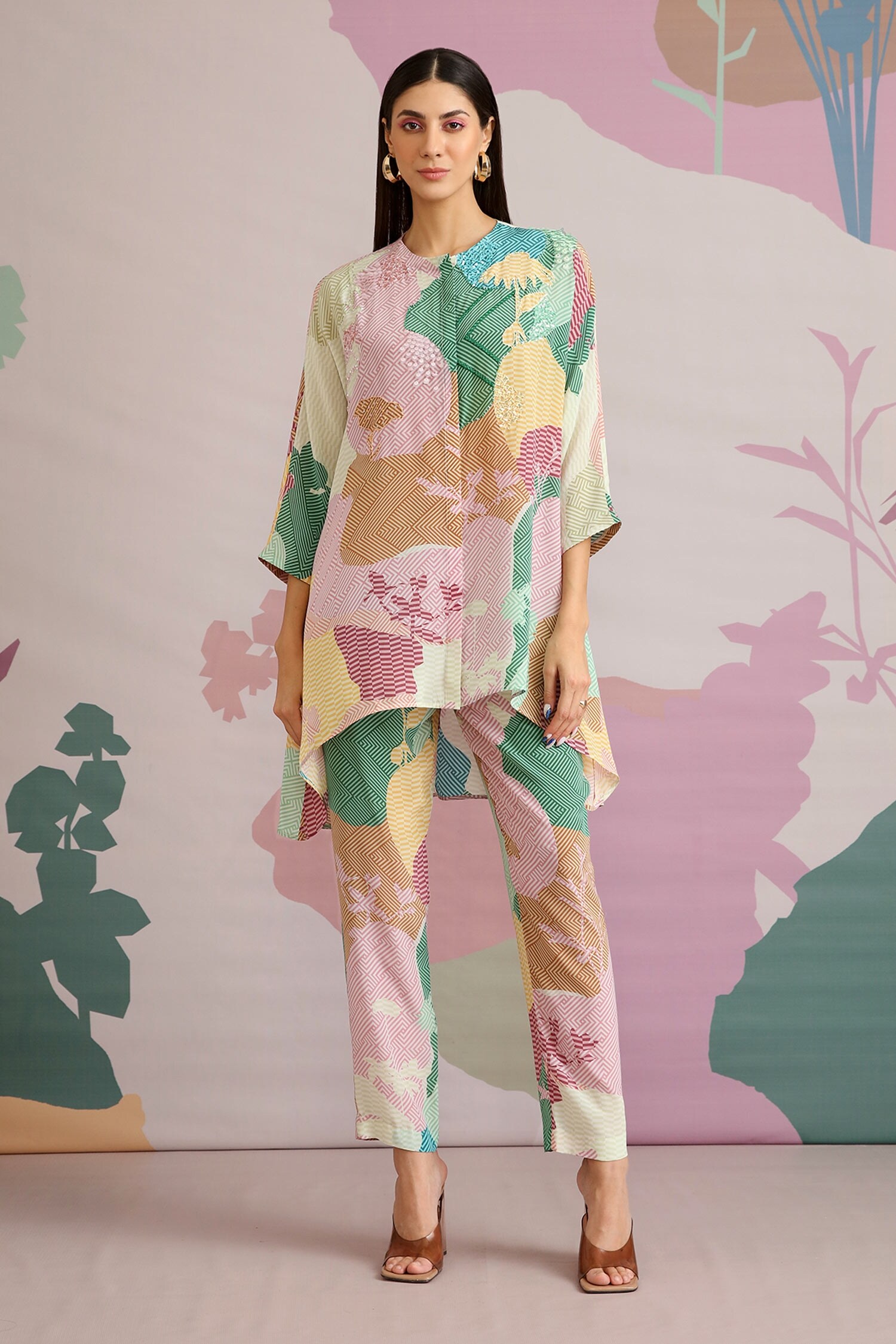 Pankaj & Nidhi Green Crepe Malt Embellised Top And Pant Set
