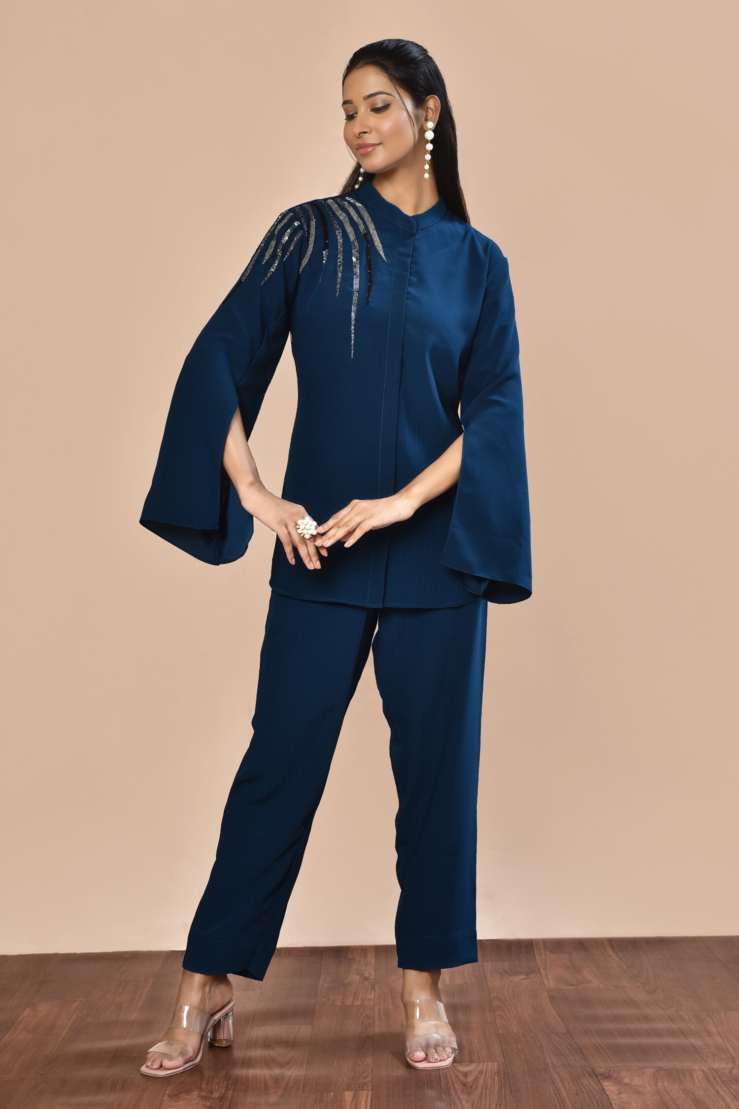Buy Khwaab by Sanjana Lakhani Blue Self Stripe Fabric Placed Cutdana