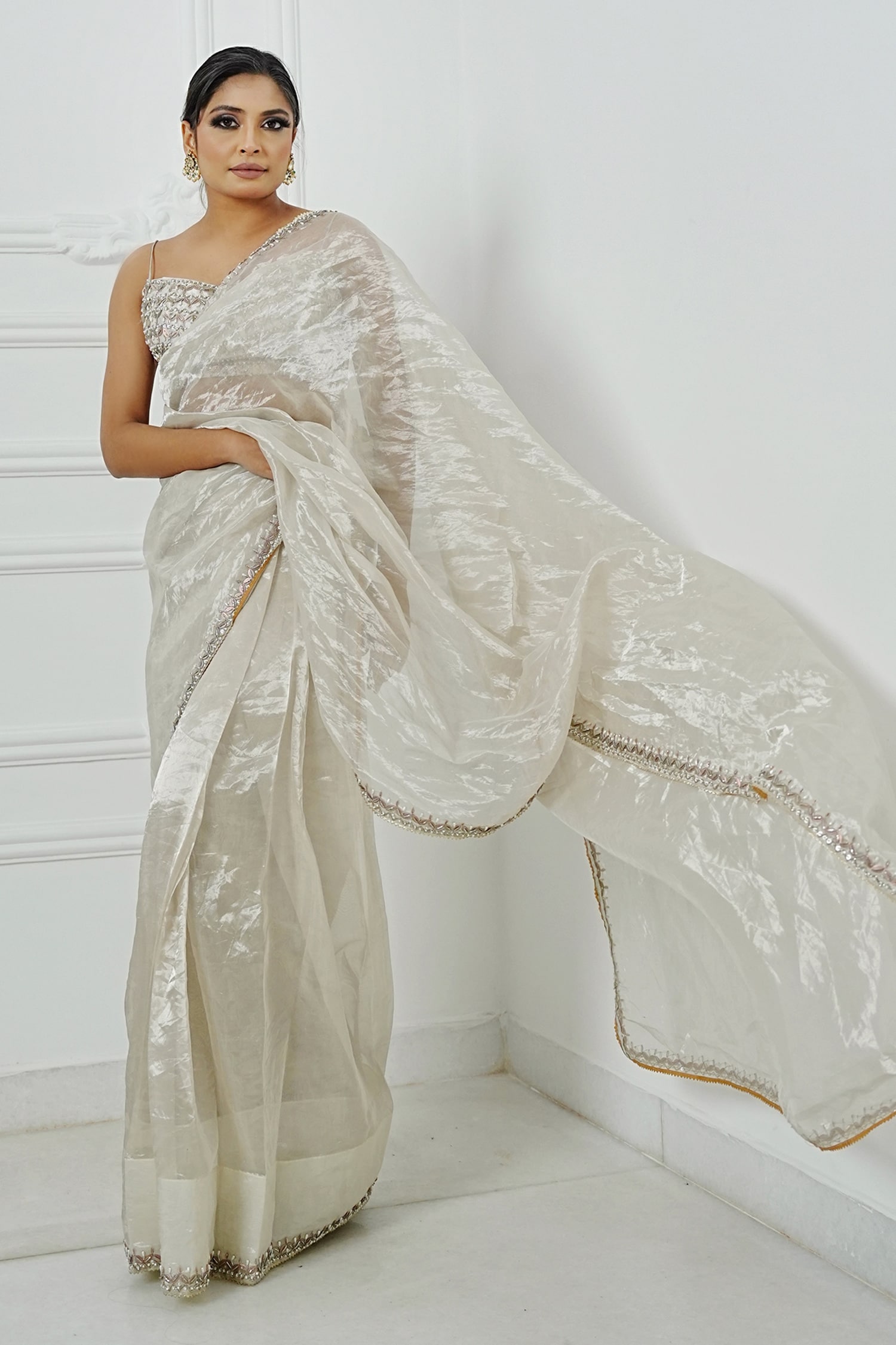 AMRTA Off White Shell Beaded Pre-draped Saree With Blouse
