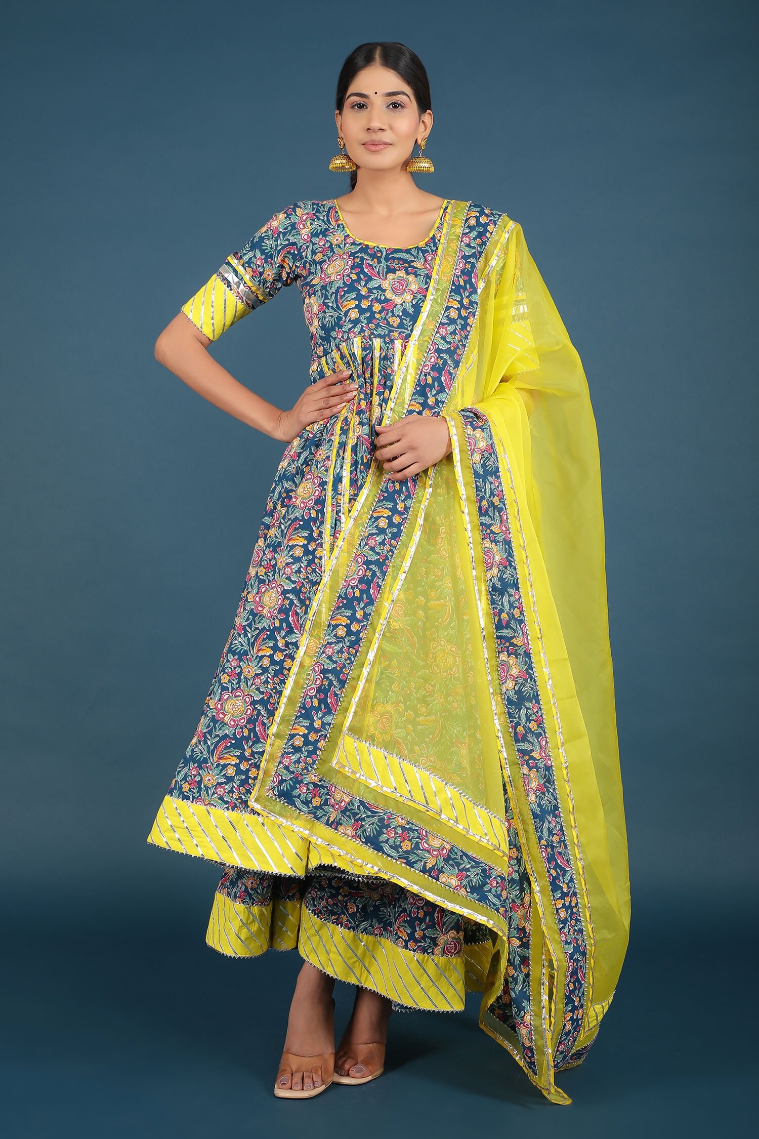POMCHA JAIPUR Blue Spring Print Anarkali Skirt Set