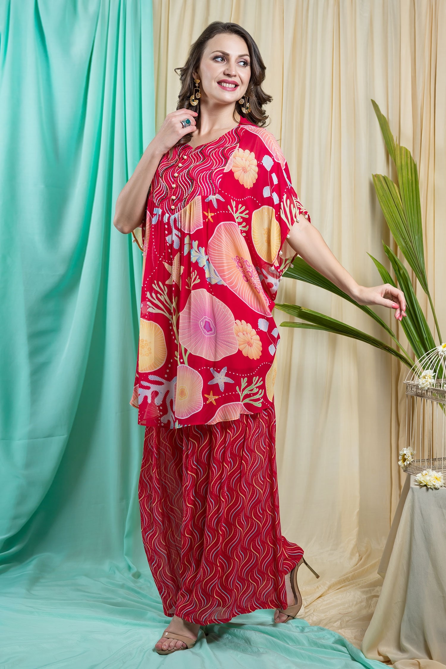 Buy Seams Pret And Couture Red Georgette Belly Printed Kaftan Tunic ...