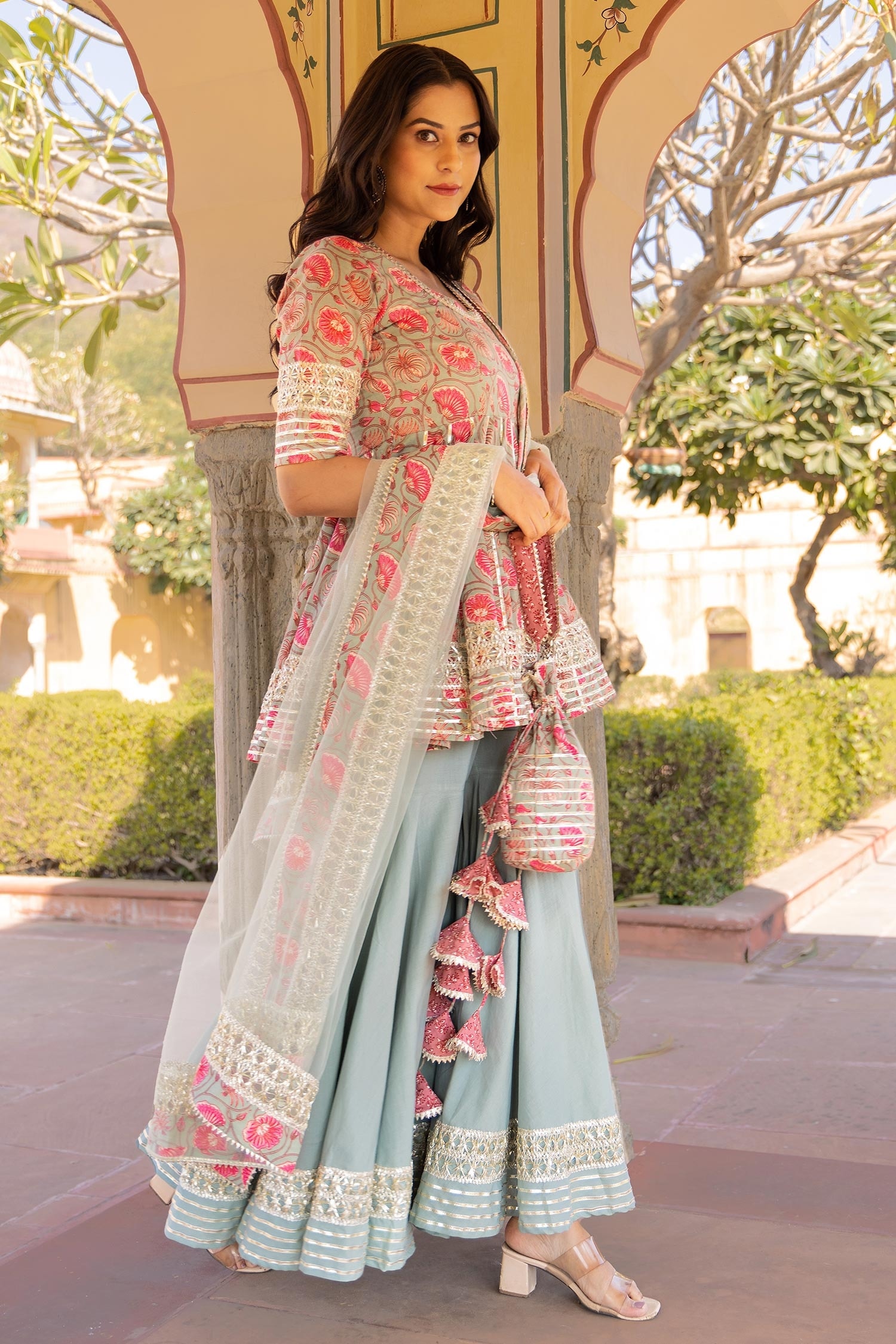 Buy Pomcha Jaipur Blue Fareen Short Anarkali Sharara Set Online | Aza ...