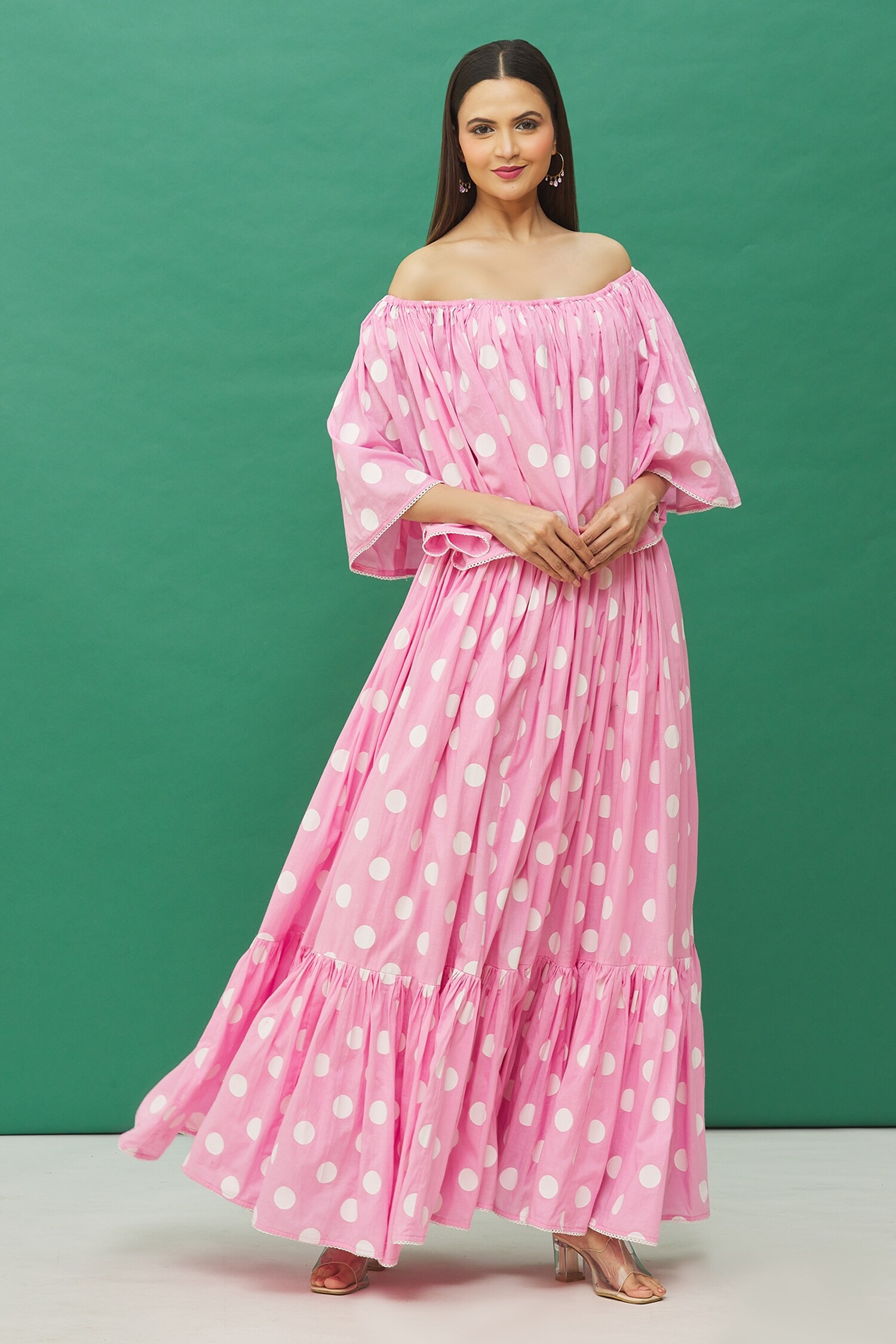 Samyukta Singhania Pink Cotton Polka Dot Print Tiered Dress
