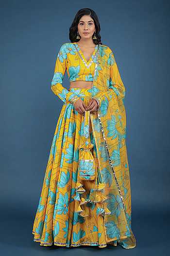 Buy POMCHA JAIPUR Yellow Bush Lily Lehenga Set Online | Aza Fashions