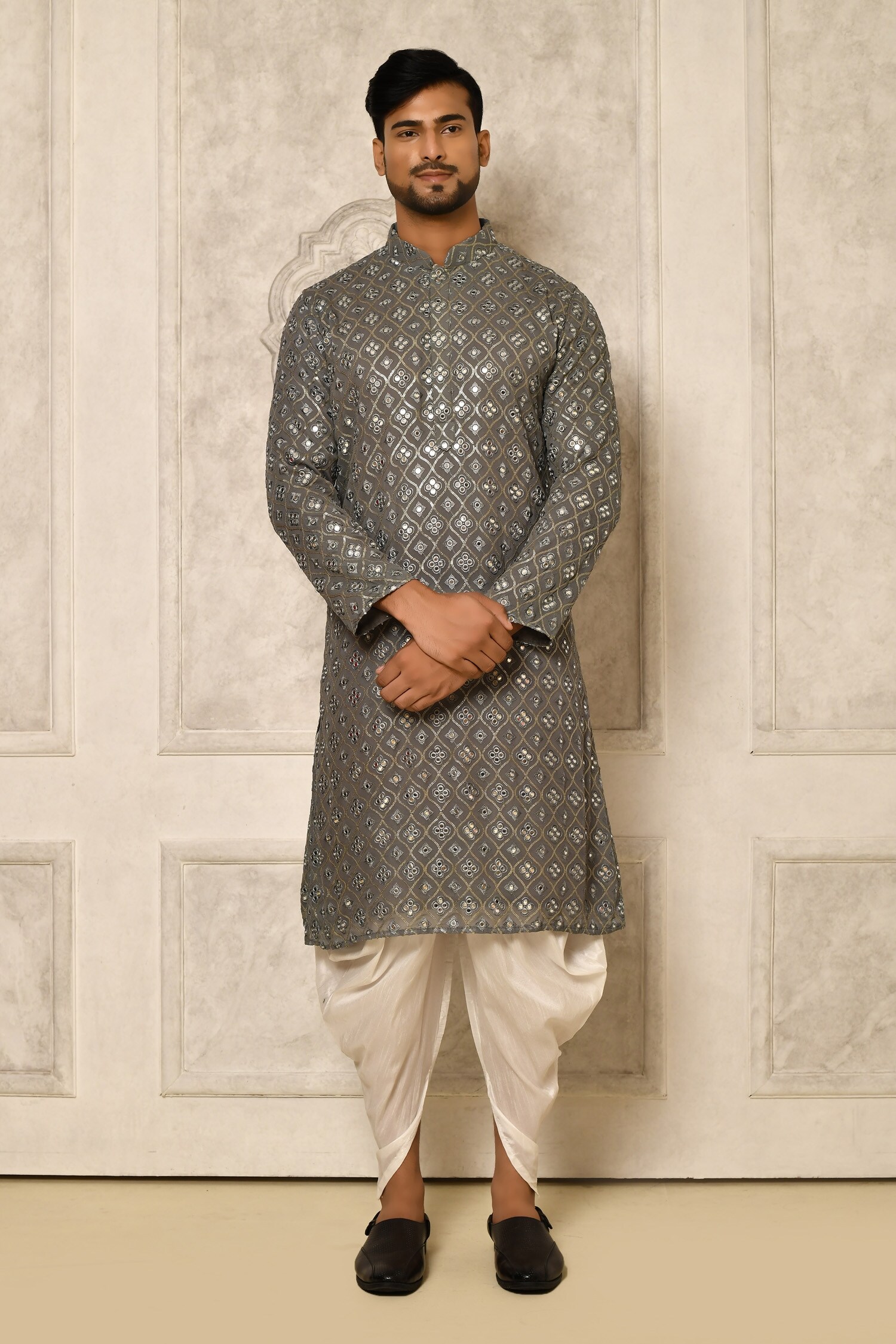 Buy Naintara Bajaj Grey Stand Collar Kurta Set Online Aza Fashions
