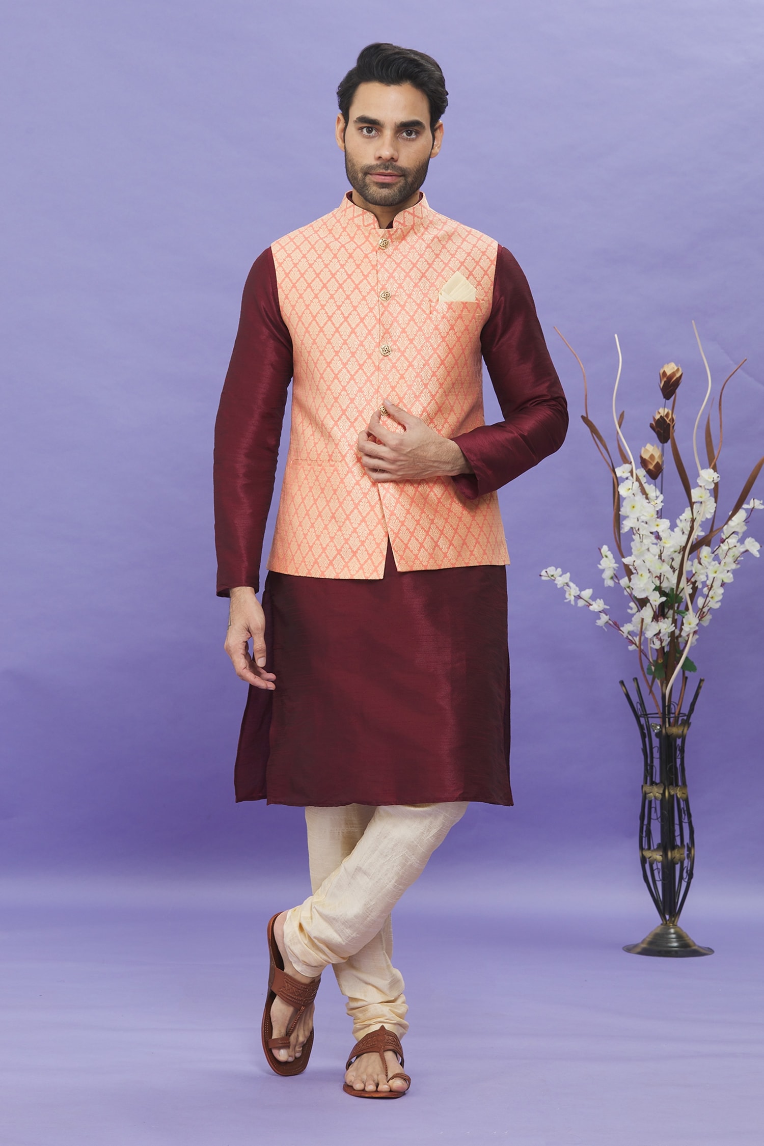 Nazaakat by Samara Singh Maroon Floral Pattern Button Down Bundi And Kurta Set