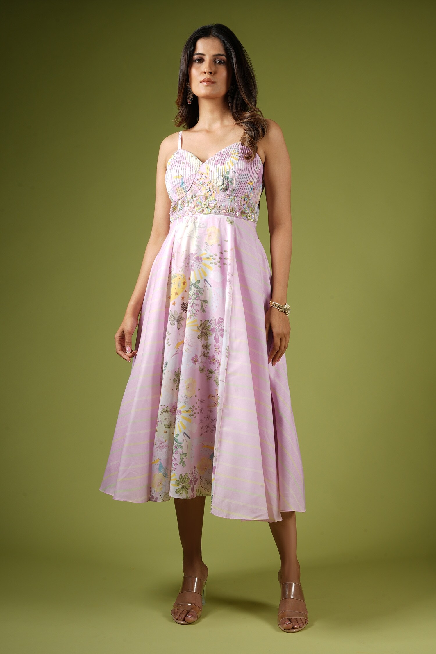 Buy Vana Ethnics Purple Viscose Botanical Print Pintucked Bustier Dress