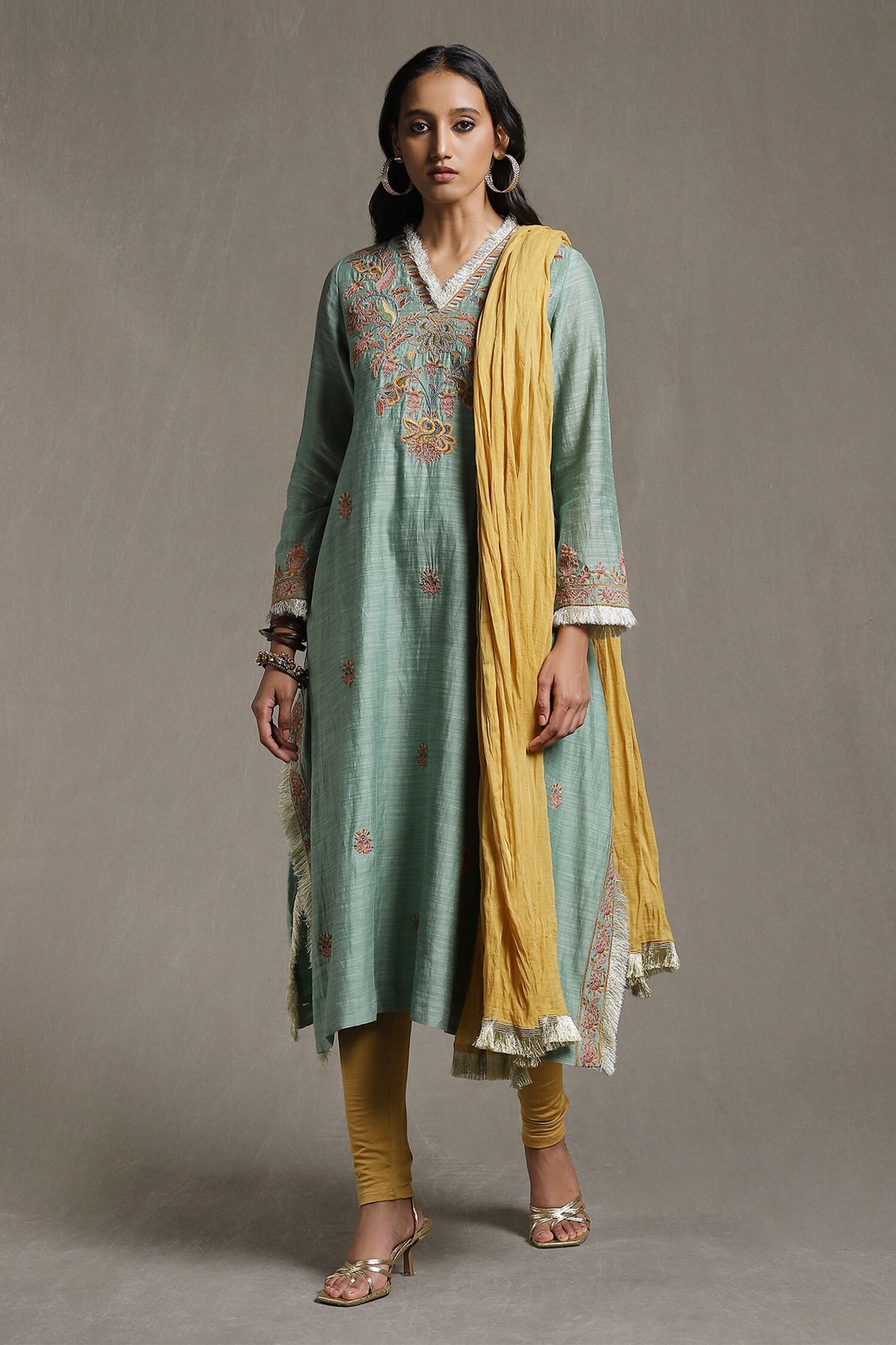 Ritu Kumar Green Floral Embroidered Kurta Set