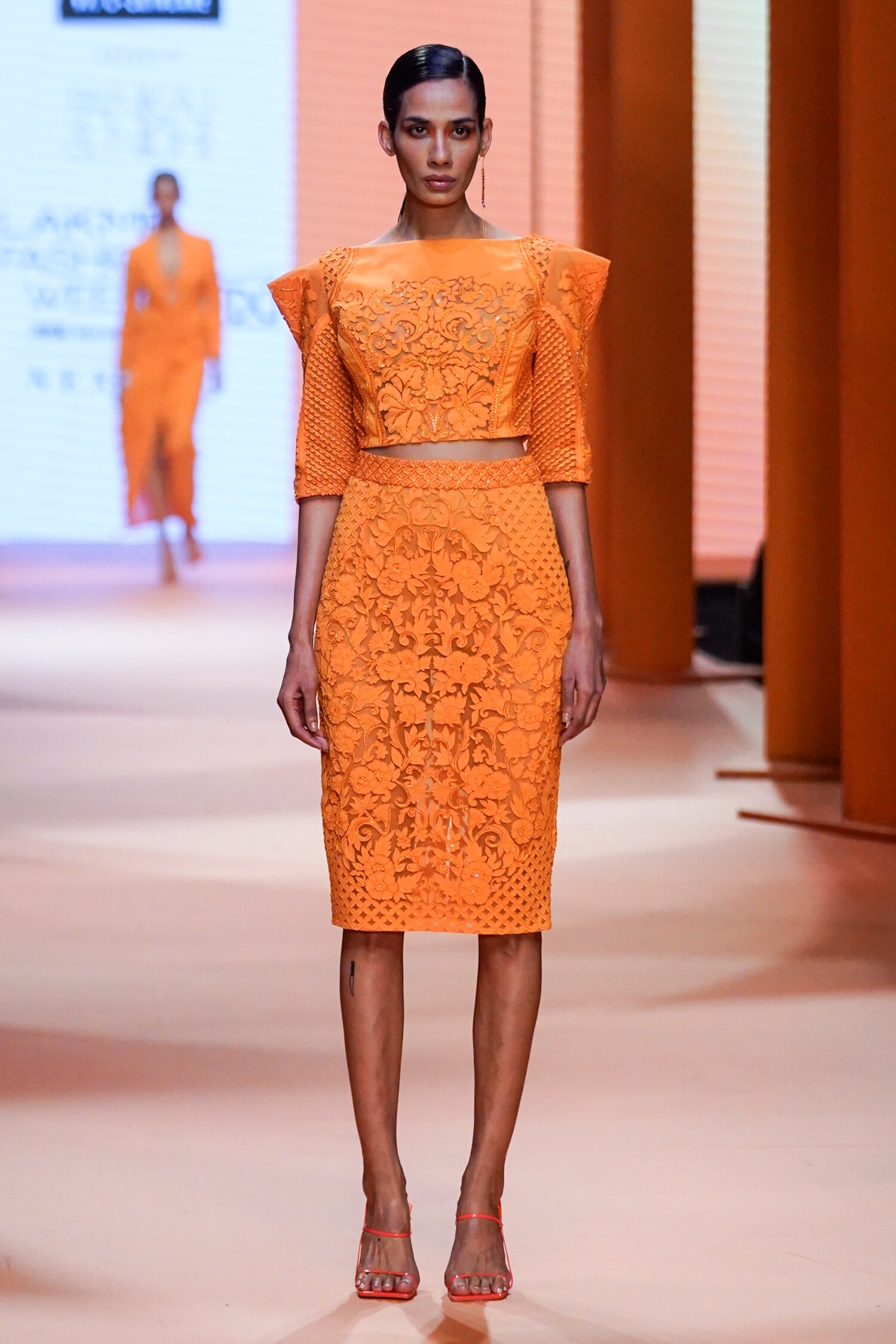 Pankaj & Nidhi Orange Jersey+ Tulle Solarium Hand Embellished Top And Skirt Set