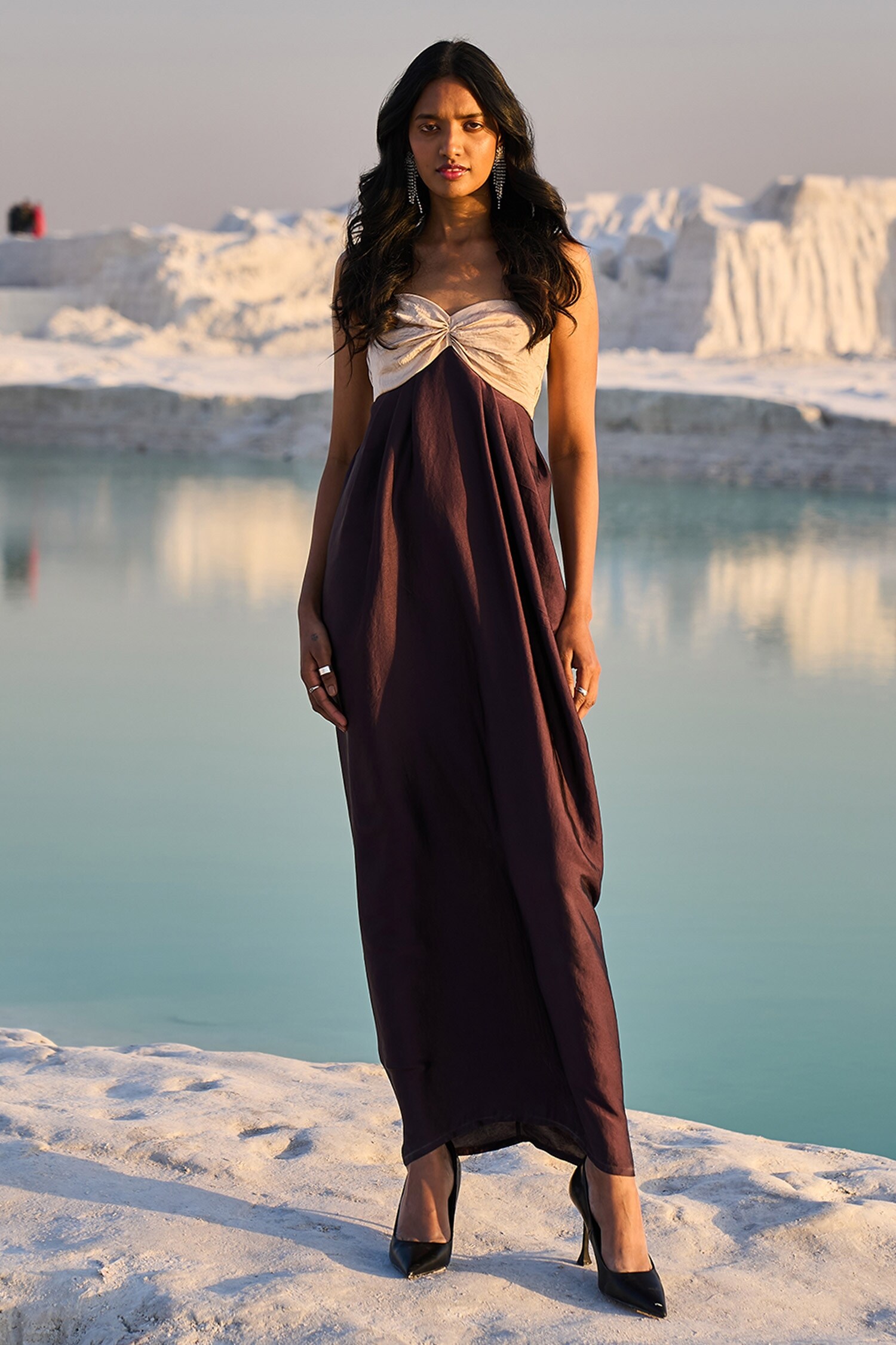 Dash and Dot Ivory Polyester Color Block Maxi Dress