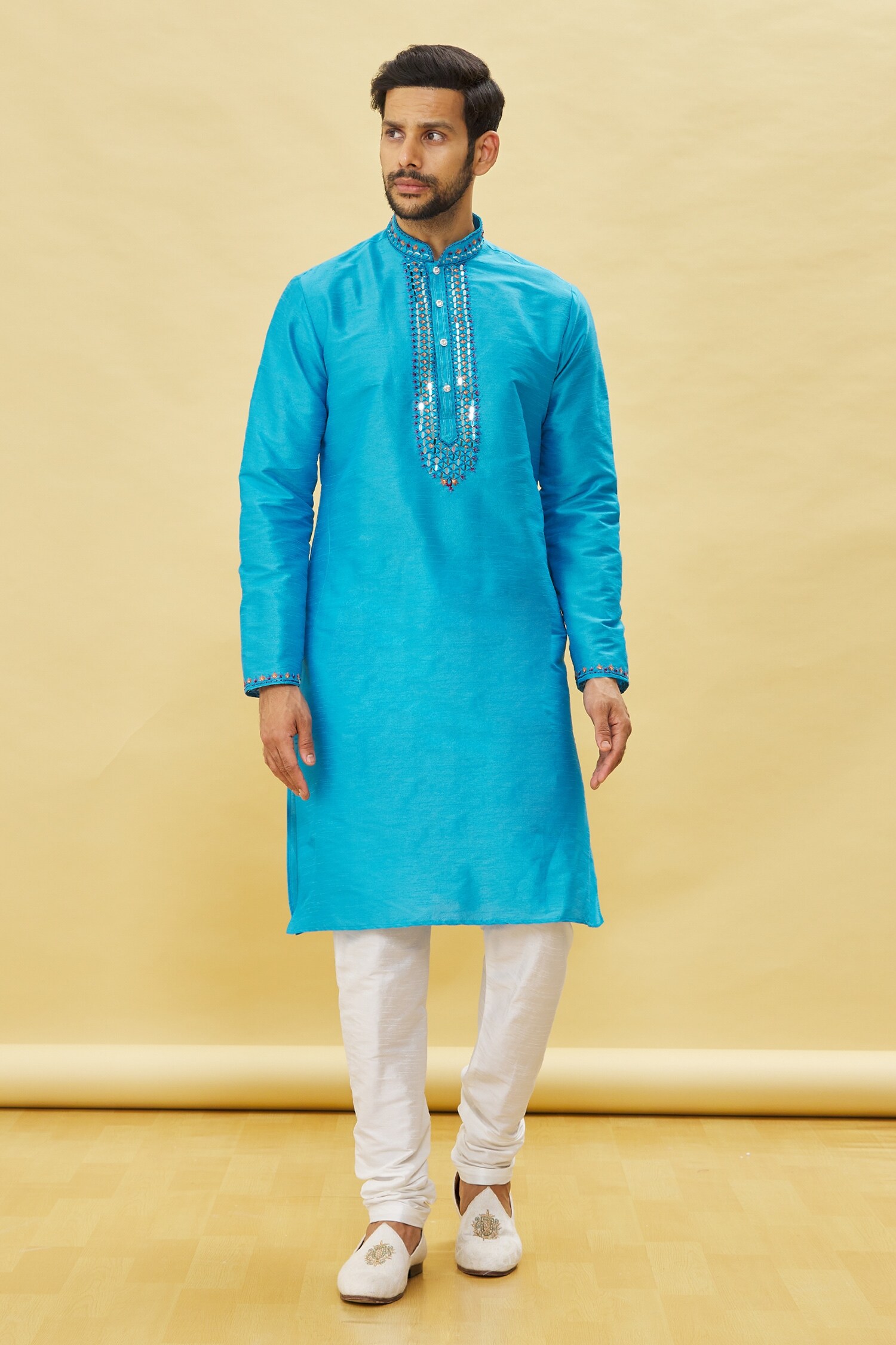 Buy Samyukta Singhania Blue Silk Embroidered Placket Kurta Set Online