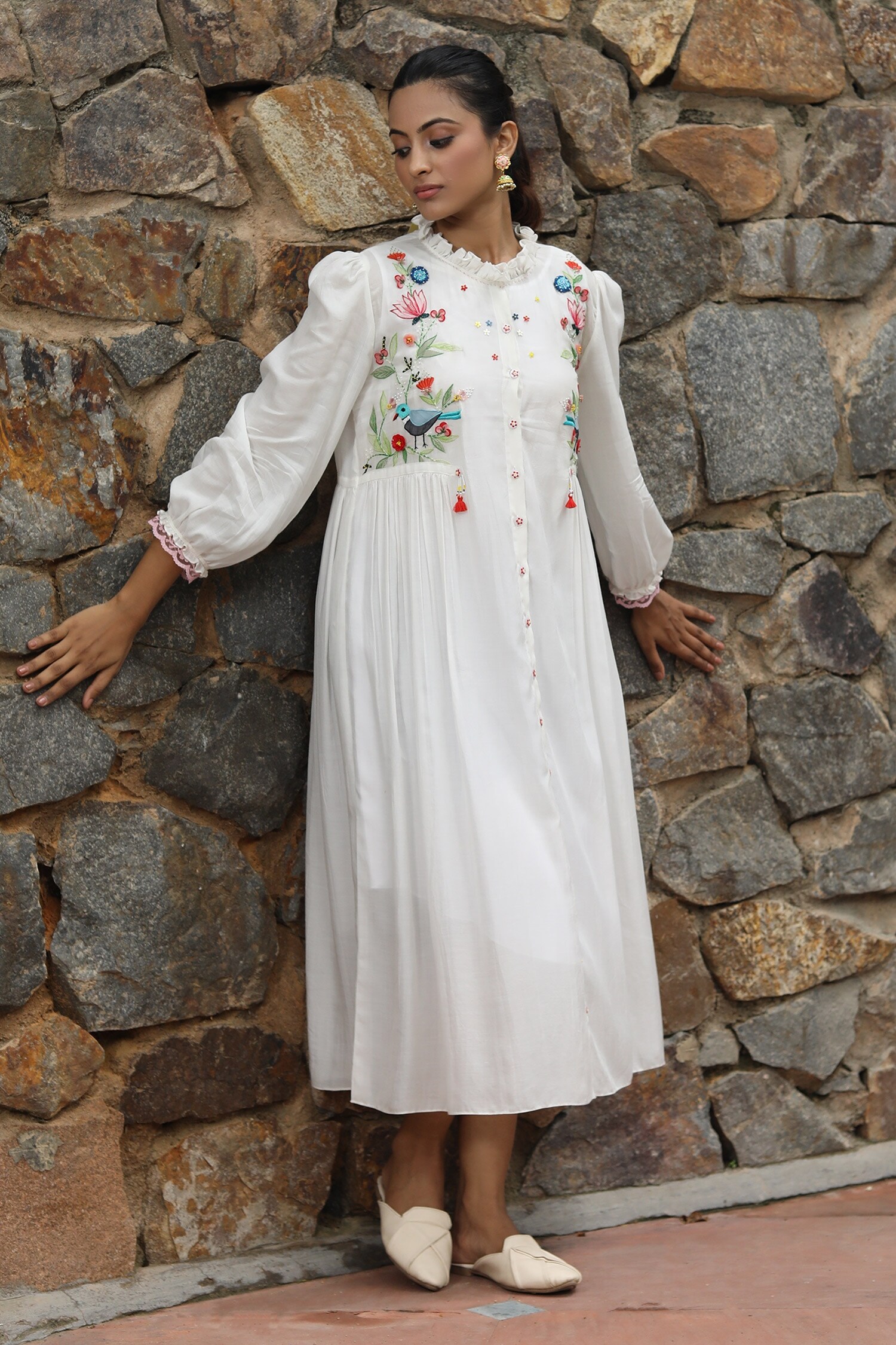 Desert Shine by Sulochana Jangir White Handwoven Chanderi Nature Motif Embroidered Shirt Dress
