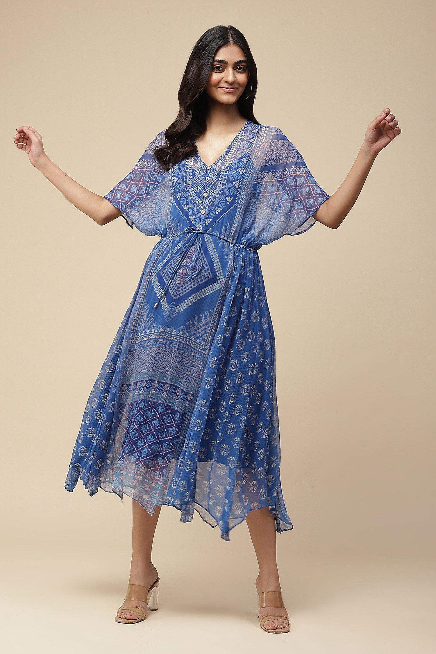 Aarke Ritu Kumar Blue Polyester Geometric Print Kaftan Dress With Camisole